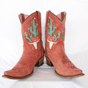 Junk Gypsy by Lane Bramble Rose pink Cactus inlay bootie leather cowboy boots 10